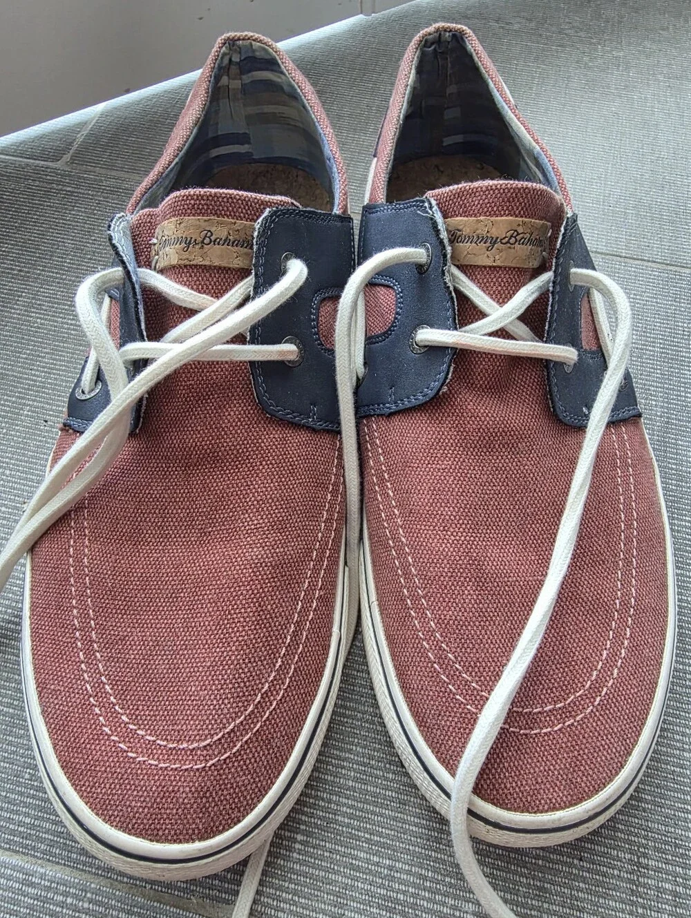 Tommy Bahama Men's Rust Canvas Boat Shoes with Navy Trim